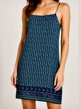 Anthropologie Maeve Geometric Teal & Navy Silk Slip Dress Size Small Petite